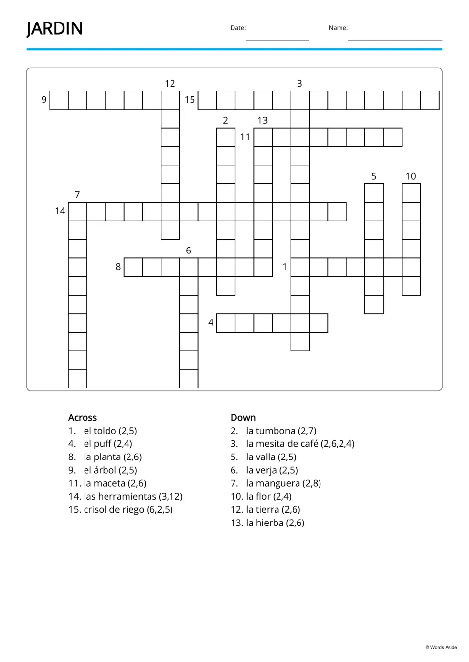 JARDIN crossword: students fill in 15 Spanish garden words from Across and Down clue lists showing word lengths