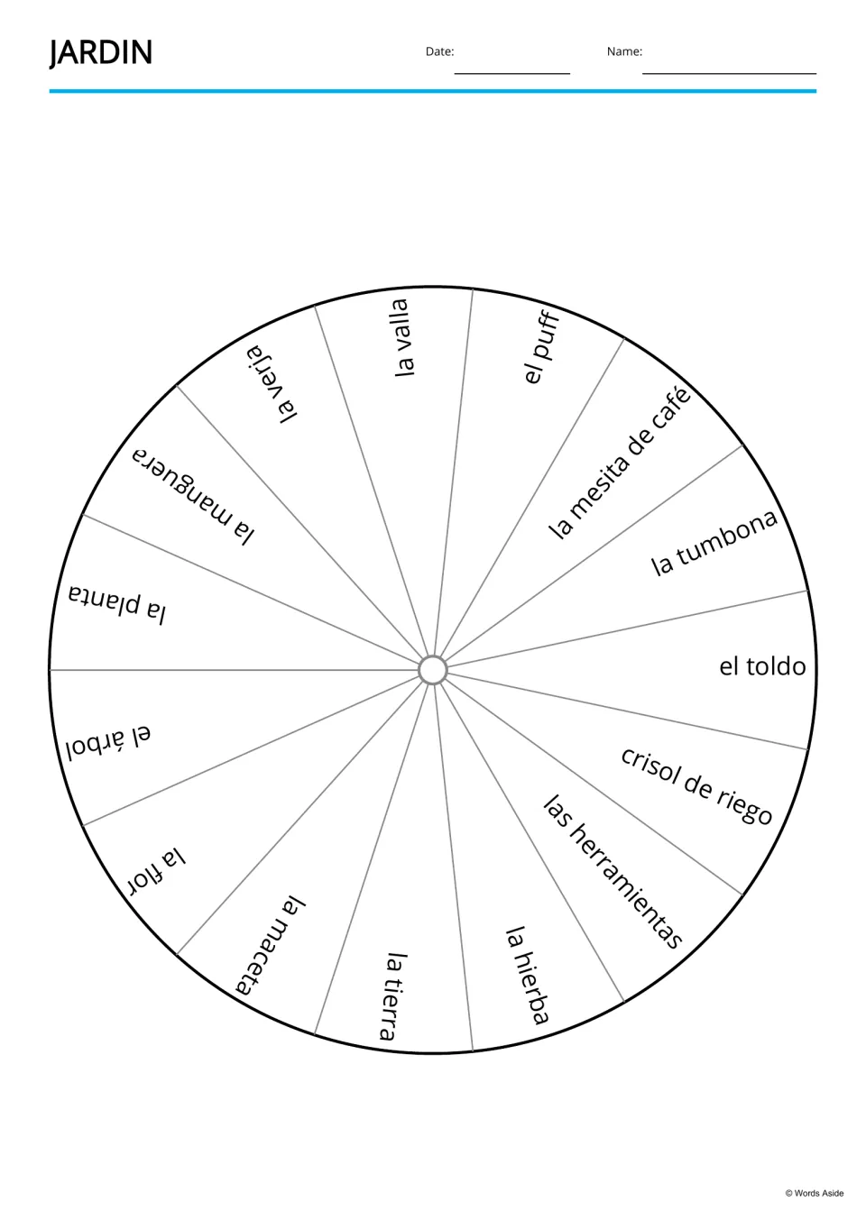 Spanish garden word wheel: a circle split into 15 segments, each naming a word such as el toldo or la hierba