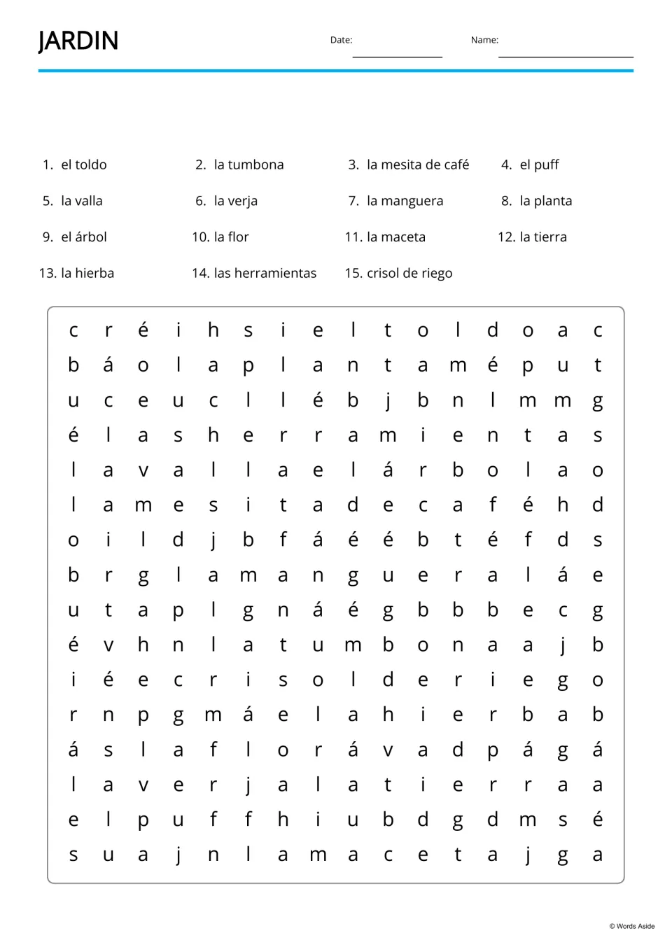 Word search: students find 15 Spanish garden words, including las herramientas and la tumbona, in a letter puzzle