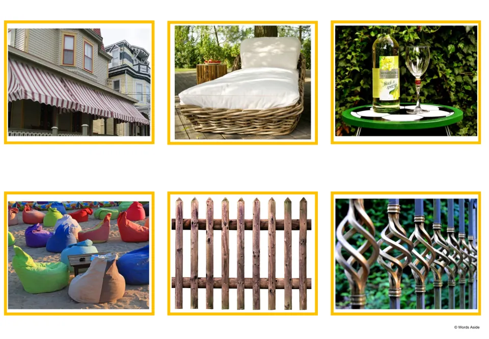 Garden photo cards: a striped awning, wicker sun lounger, small café table, beanbags, wooden fence and iron railings