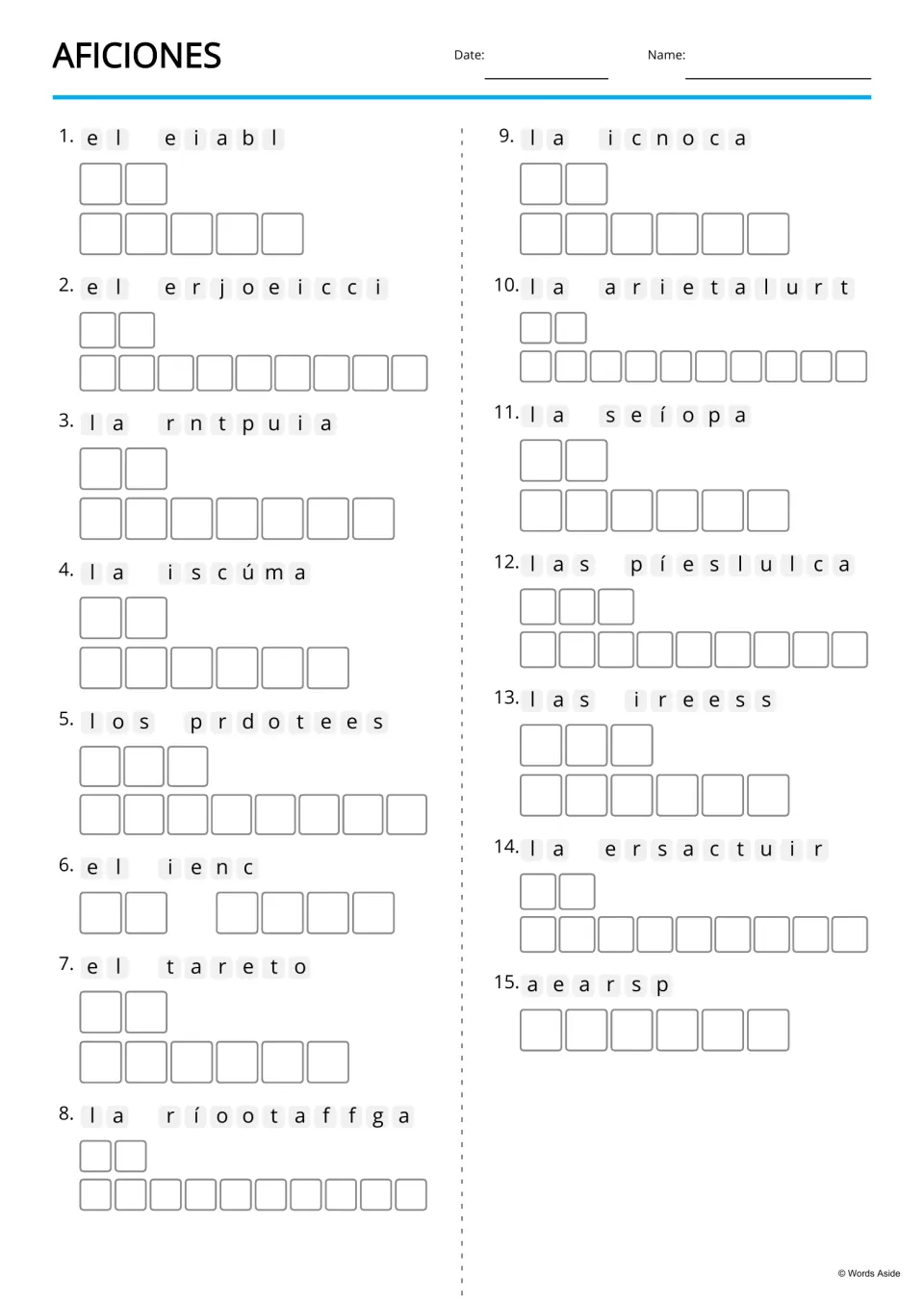 Spanish hobbies anagram practice for 15 terms, including el baile (dance), el cine (cinema), and pasear (walking)