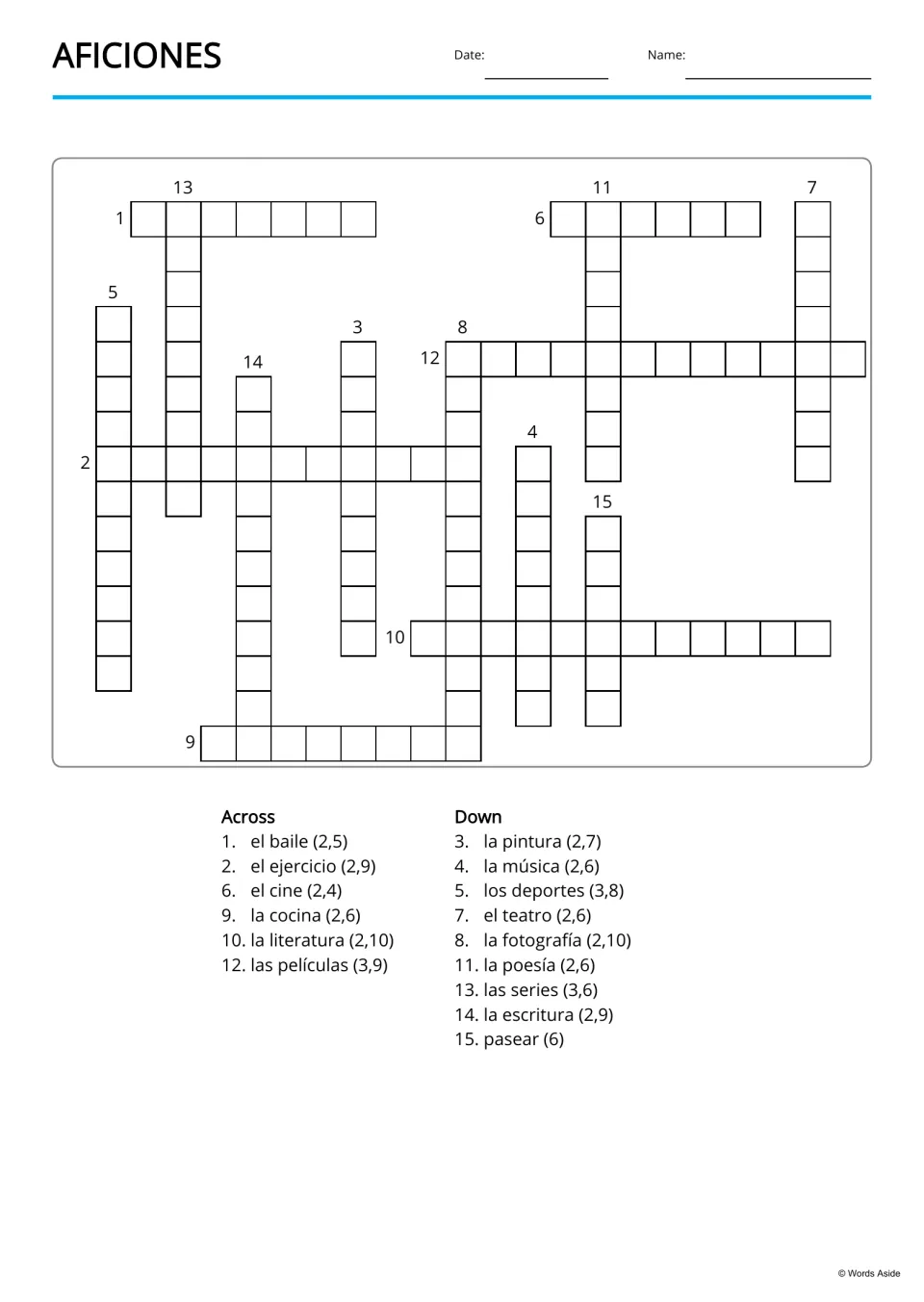 Spanish hobbies copy-word crossword using 15 terms, including la pintura (painting) and la música (music)