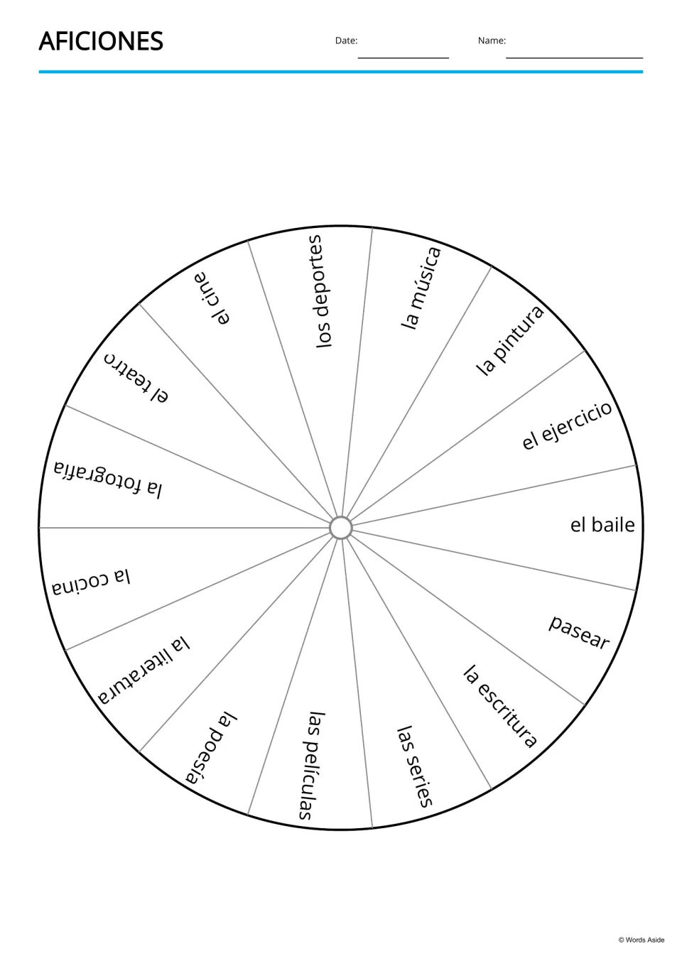 Spanish hobbies reference wheel presents 15 terms, including los deportes (sports) and la escritura (writing)