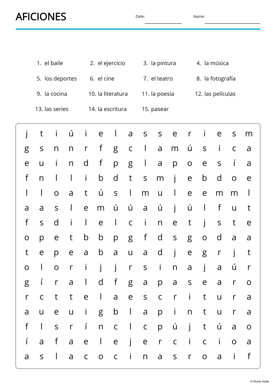 Spanish hobbies word search lists 15 terms to find, including la poesía (poetry) and las películas (movies)