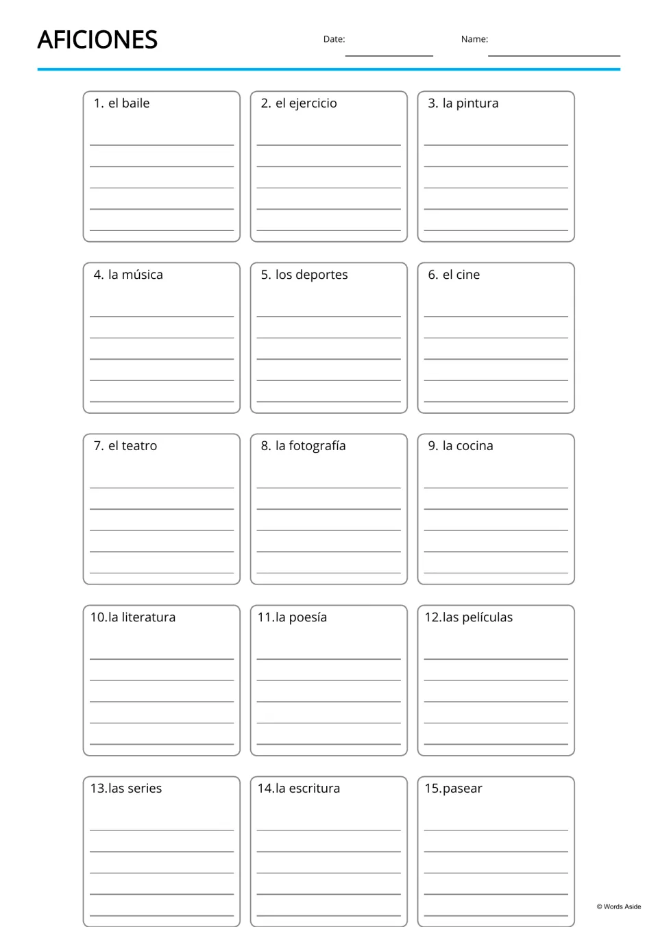 Lined Spanish hobbies writing practice for 15 terms, including el teatro (theater) and la literatura (literature)