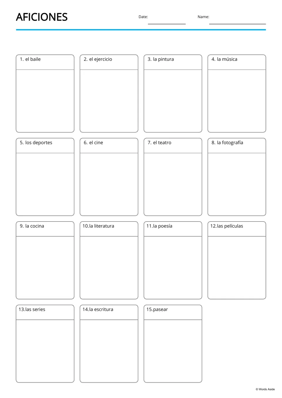 Blank Spanish hobbies writing boards for 15 terms, including el ejercicio (exercise) and las series (TV series)