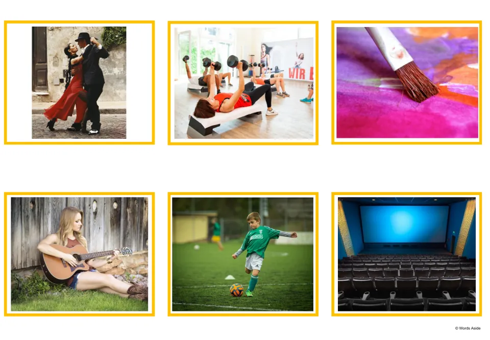Spanish hobbies photo cards 1–6 show dancing, exercise, painting, music, soccer, and a movie theater