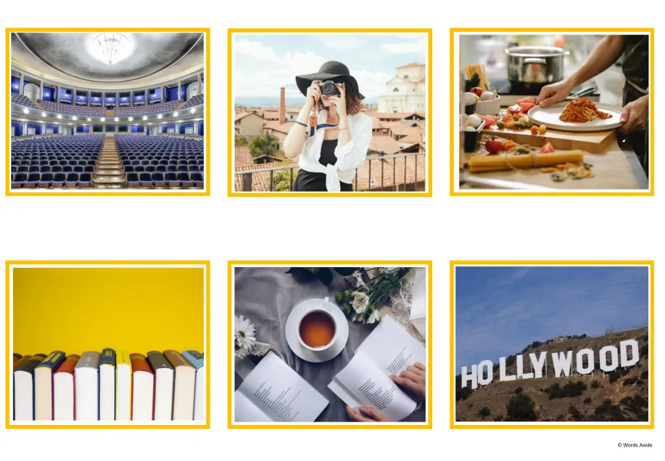 Spanish hobbies photo cards 7–12 illustrate theater, photography, cooking, literature, poetry, and movies