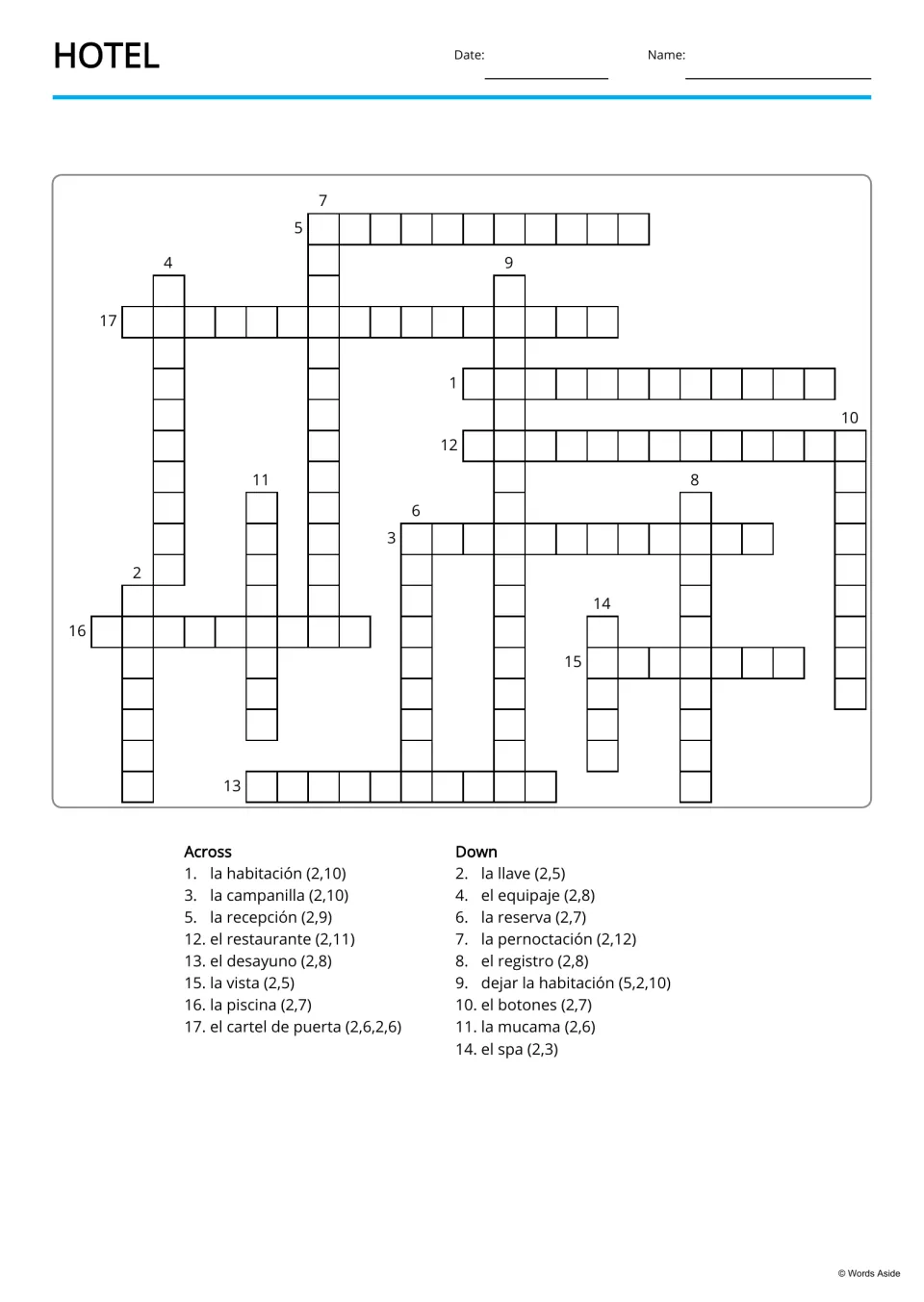 Spanish hotel vocabulary copy-word crossword with 17 entries, including el equipaje (luggage)