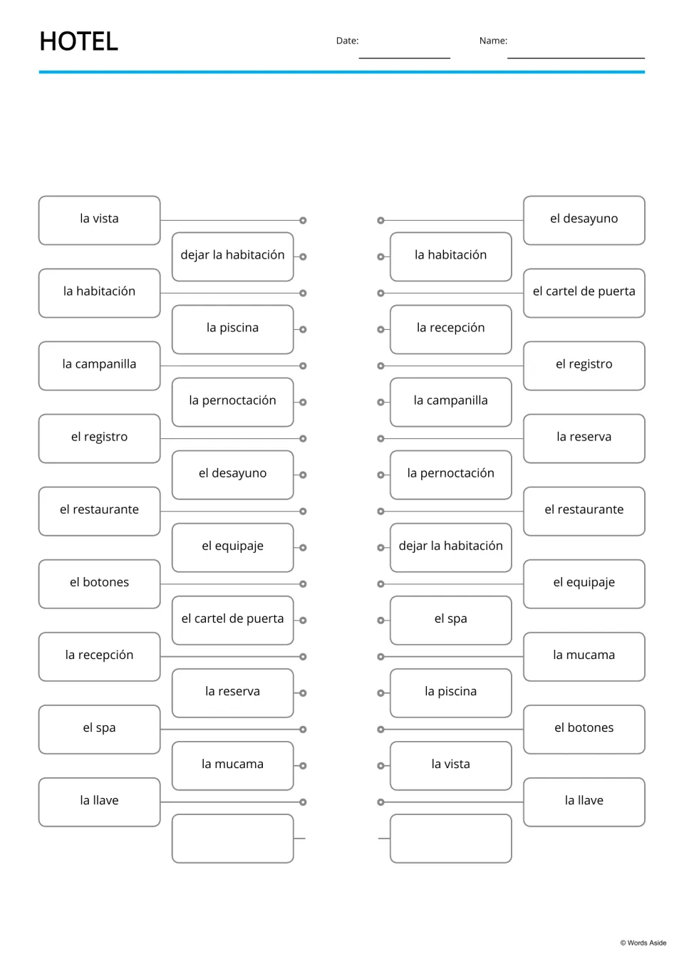 Spanish hotel word matching activity repeating 17 terms, including la piscina (pool) and la vista (view)