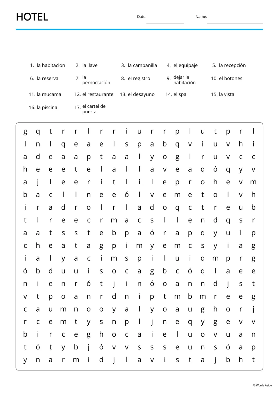 Spanish hotel word search with a 17-term word list, including la recepción (reception) and el botones (porter)