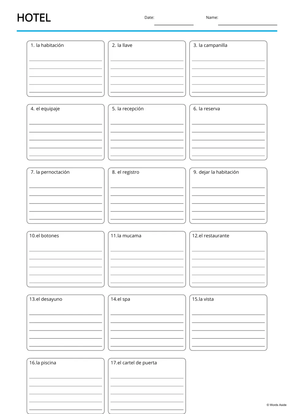 Spanish hotel handwriting practice for 17 labeled terms, including la mucama (maid) and el restaurante (restaurant)