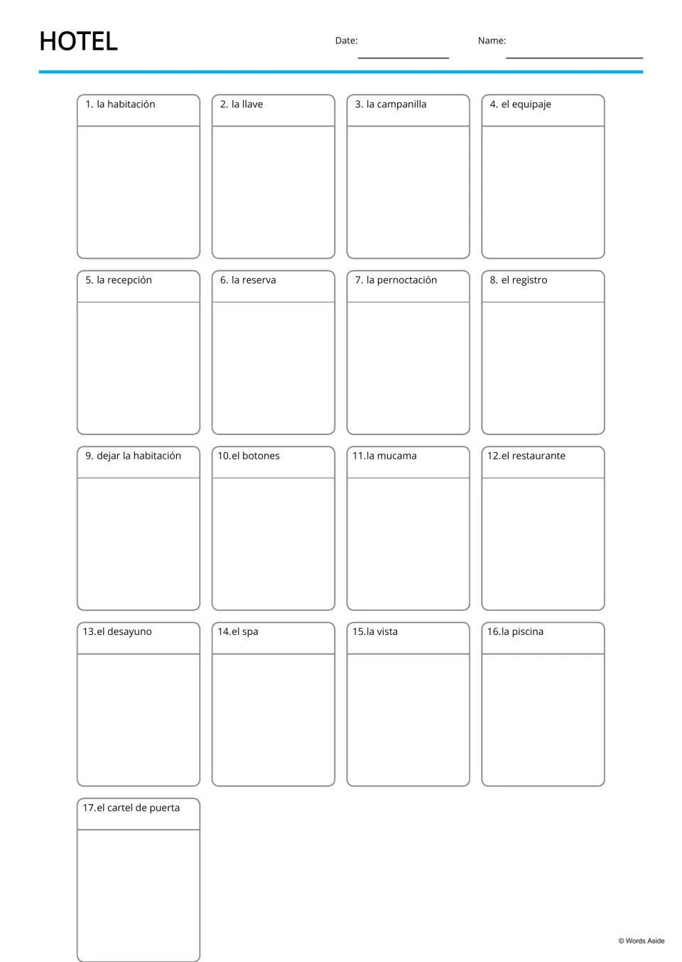 Spanish hotel blank writing boards for 17 terms, including la habitación (room) and la campanilla (bell)