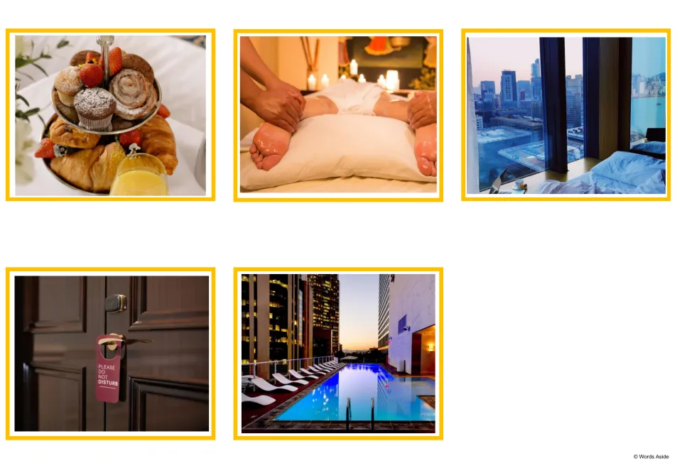 Final five hotel vocabulary picture cards: breakfast, spa treatment, room view, door sign, and pool