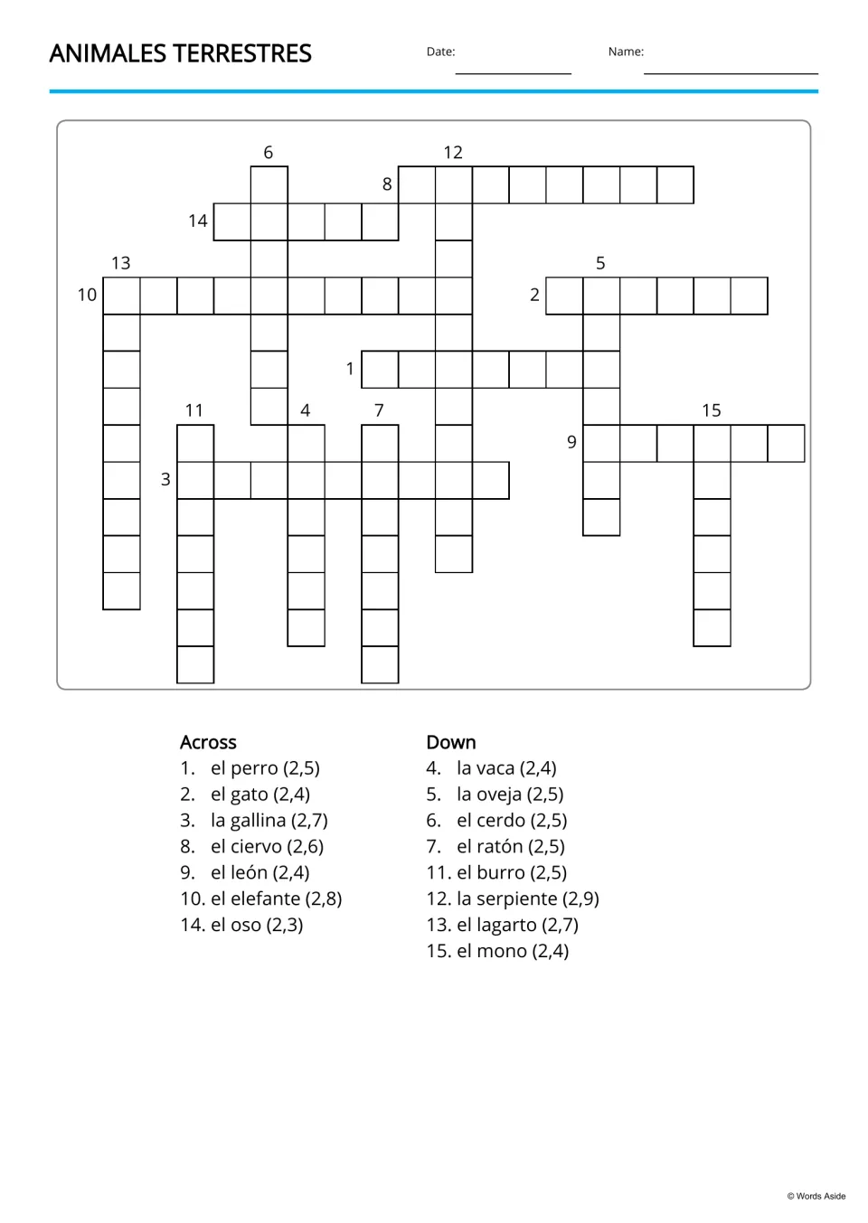 Spanish animal copy-word crossword using 15 terms, including la vaca (cow), la oveja (sheep), and el oso (bear)