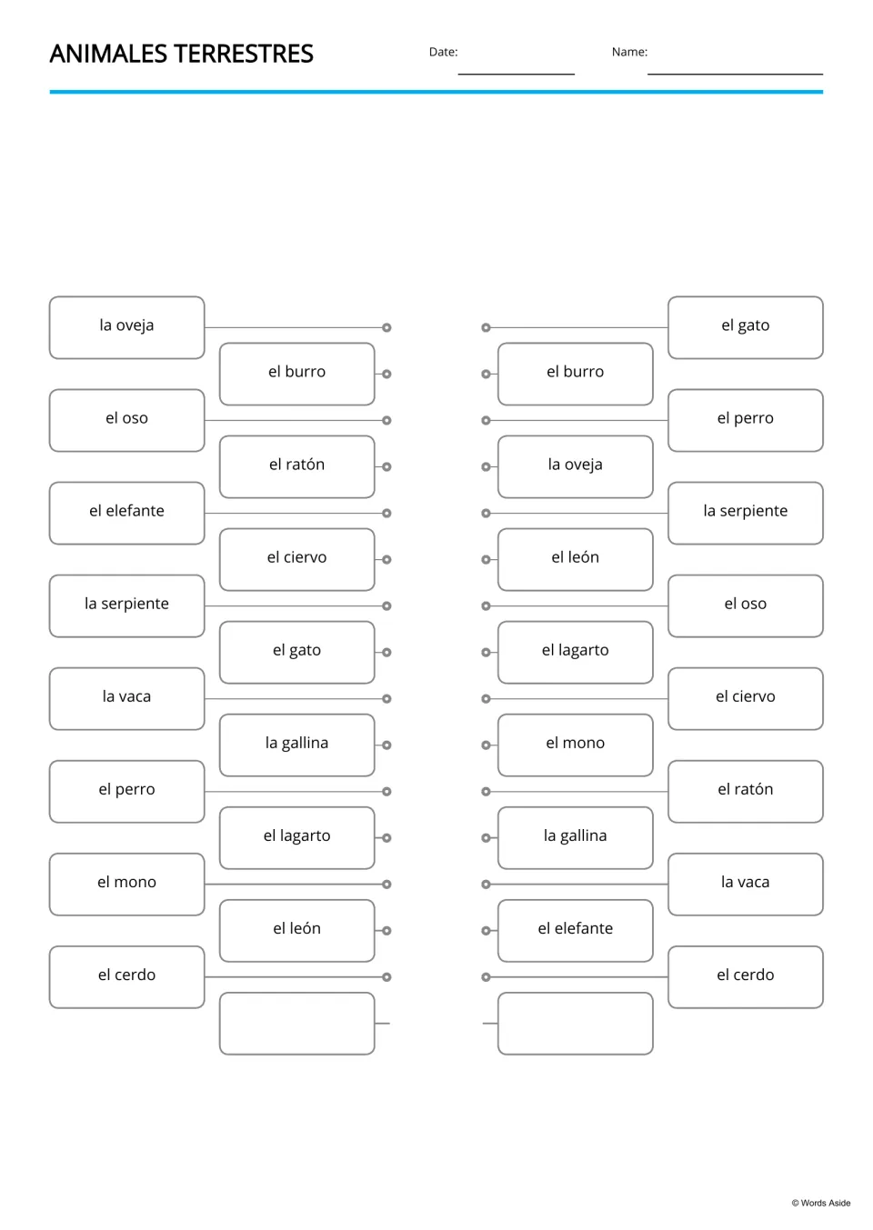 Spanish animal word-matching activity repeats 15 terms, including el ratón (mouse) and el ciervo (deer)