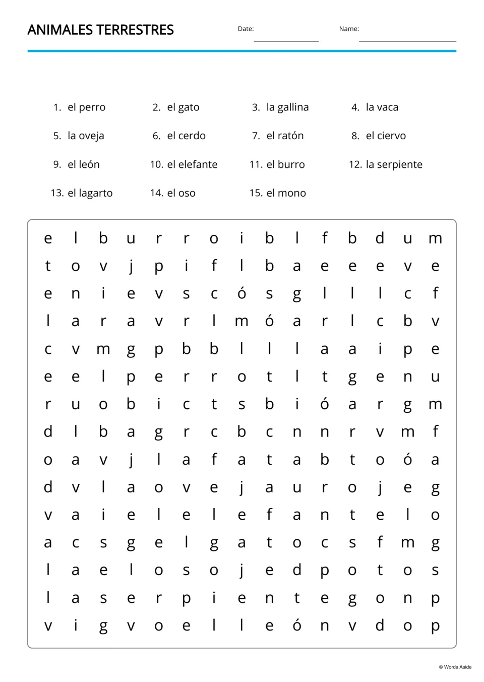 Spanish animal word search lists 15 terms to find, including el burro (donkey) and la serpiente (snake)