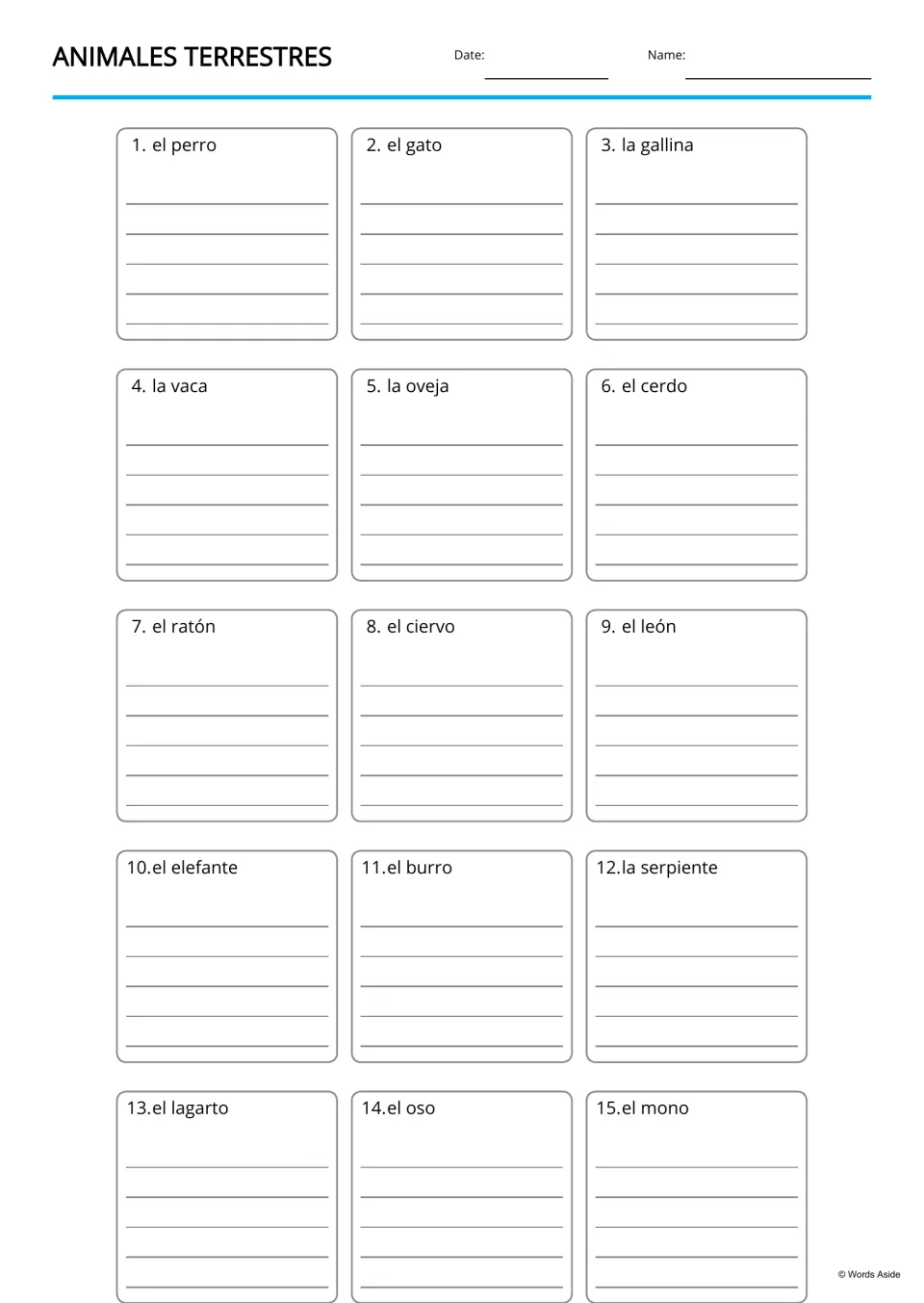 Lined Spanish animal writing practice for 15 terms, including el lagarto (lizard) and el mono (monkey)