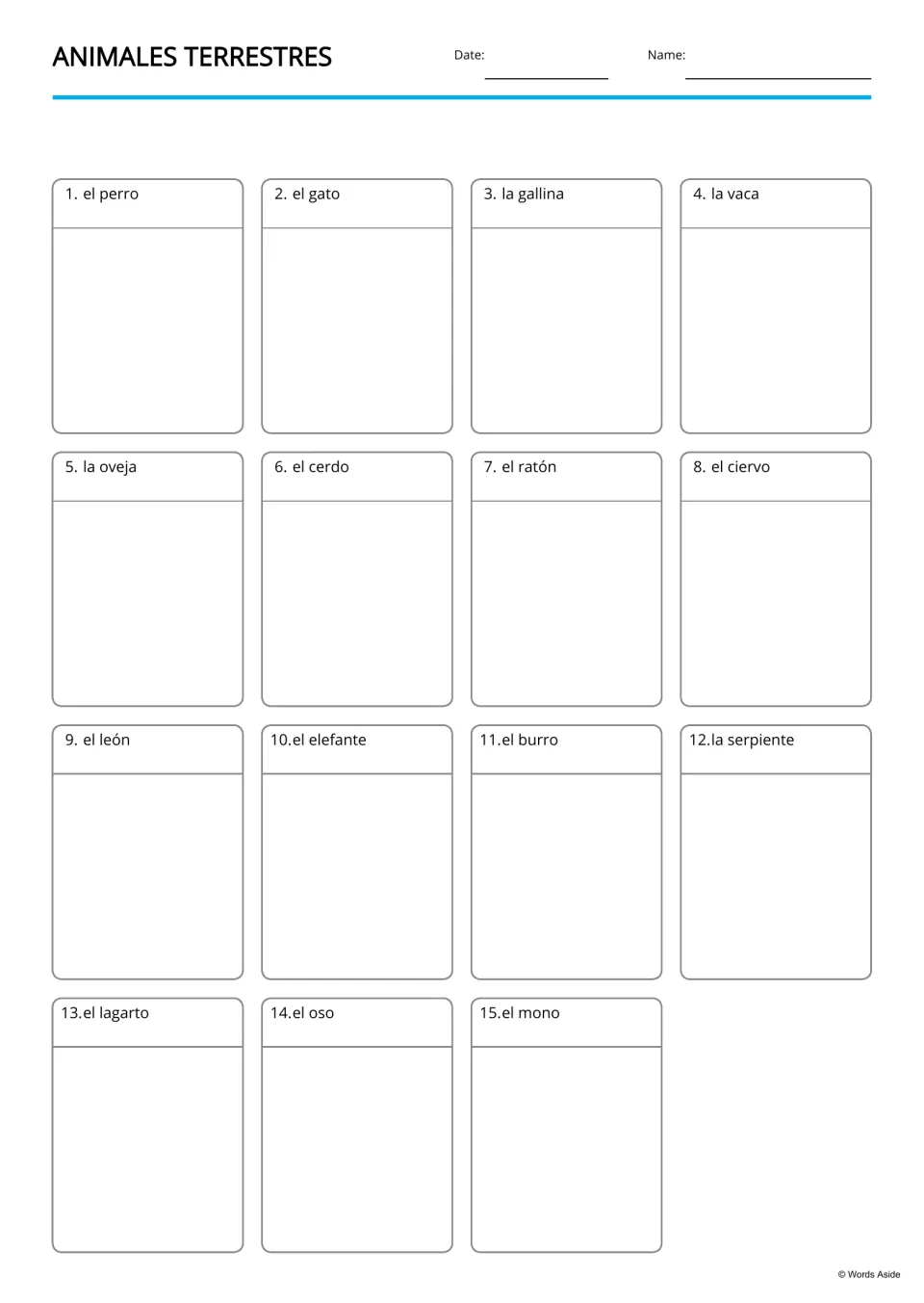 Blank Spanish animal writing boards labeled with 15 terms, from el perro (dog) through el mono (monkey)