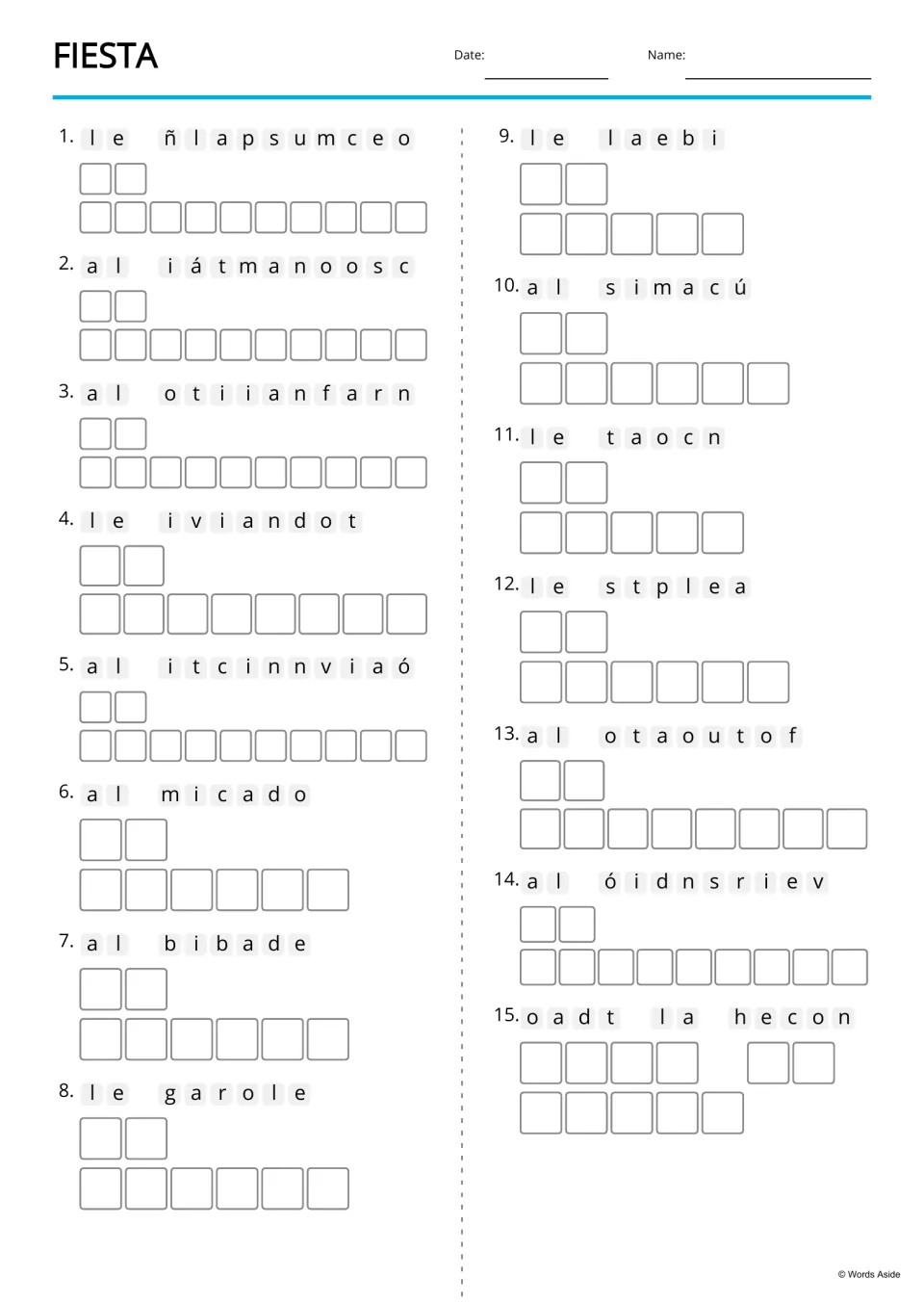 Spanish party vocabulary anagrams for 15 terms, including el cumpleaños (birthday) and el invitado (guest)