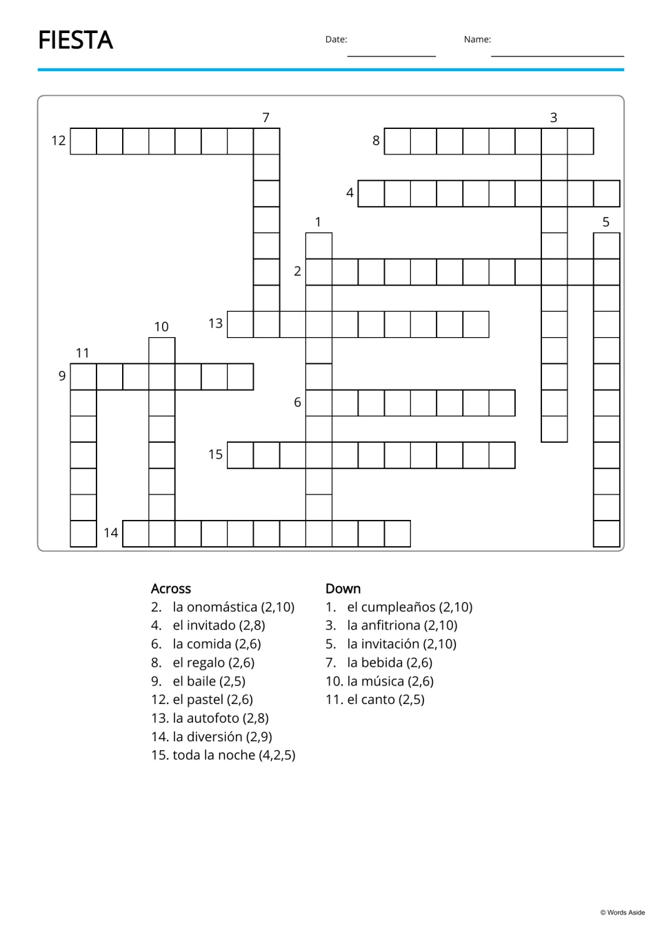Spanish party vocabulary copy-word crossword using 15 terms, including la comida (food) and el baile (dance)