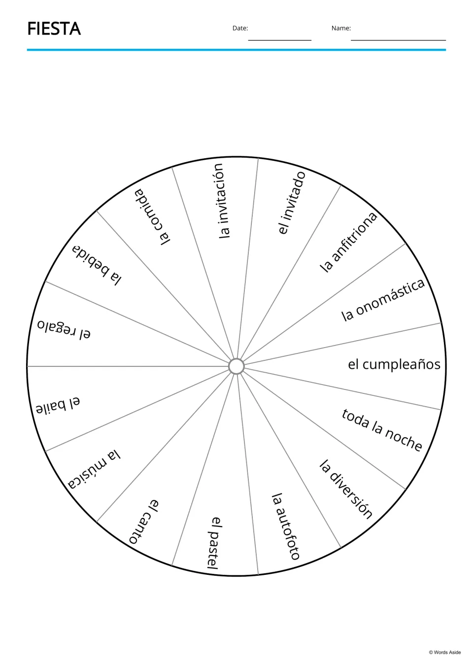 Spanish party vocabulary wheel displays 15 terms, including el pastel (cake) and la anfitriona (hostess)