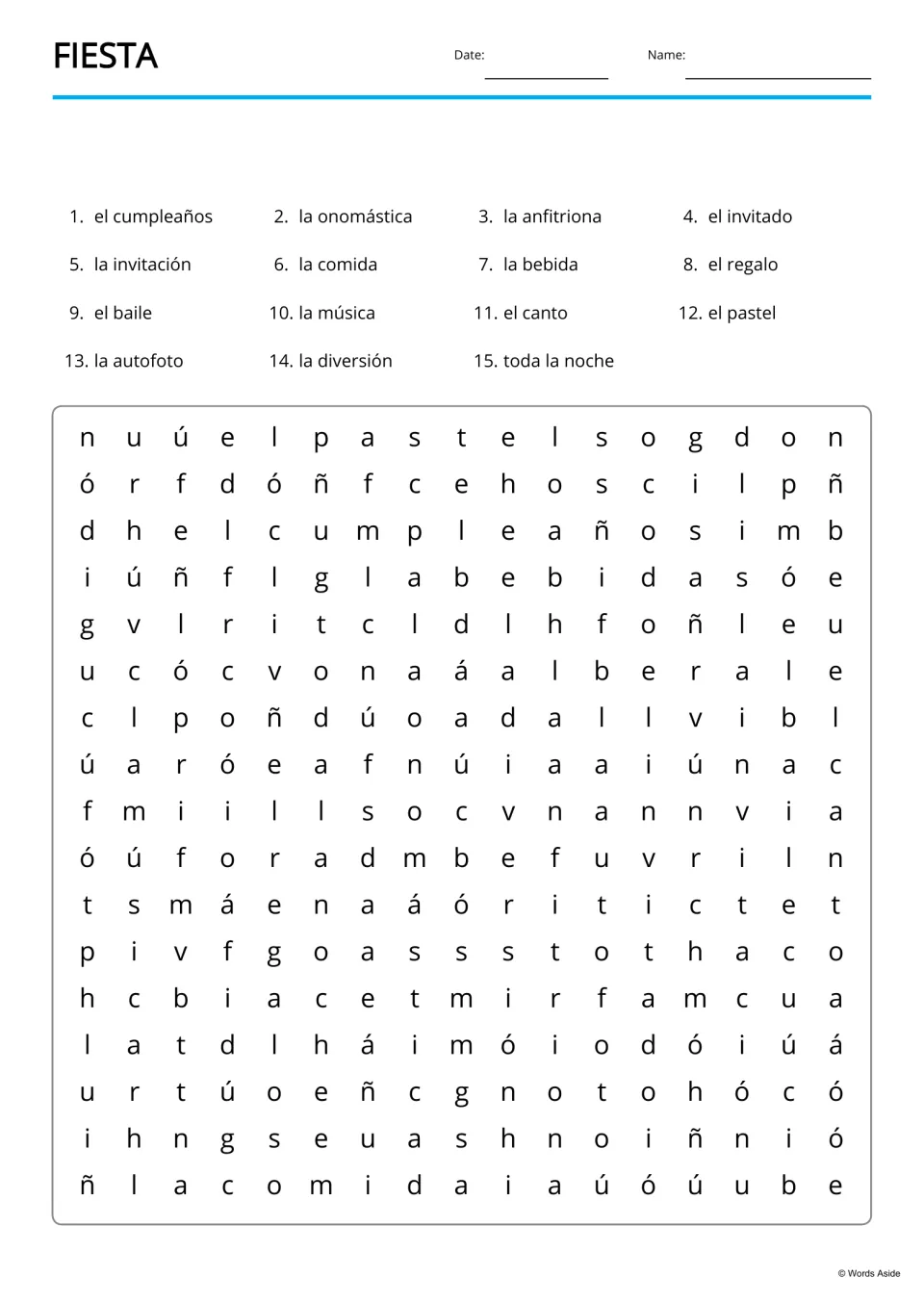 Spanish party word search lists 15 terms to find, including la bebida (drink) and la invitación (invitation)