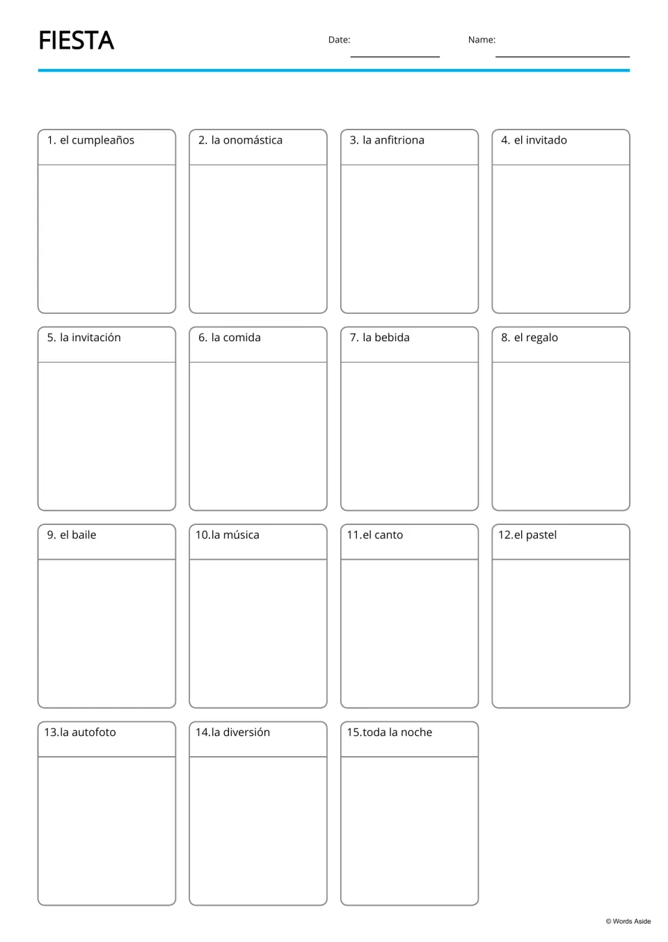 Blank writing boards for 15 Spanish party terms, including la autofoto (selfie) and la diversión (fun)