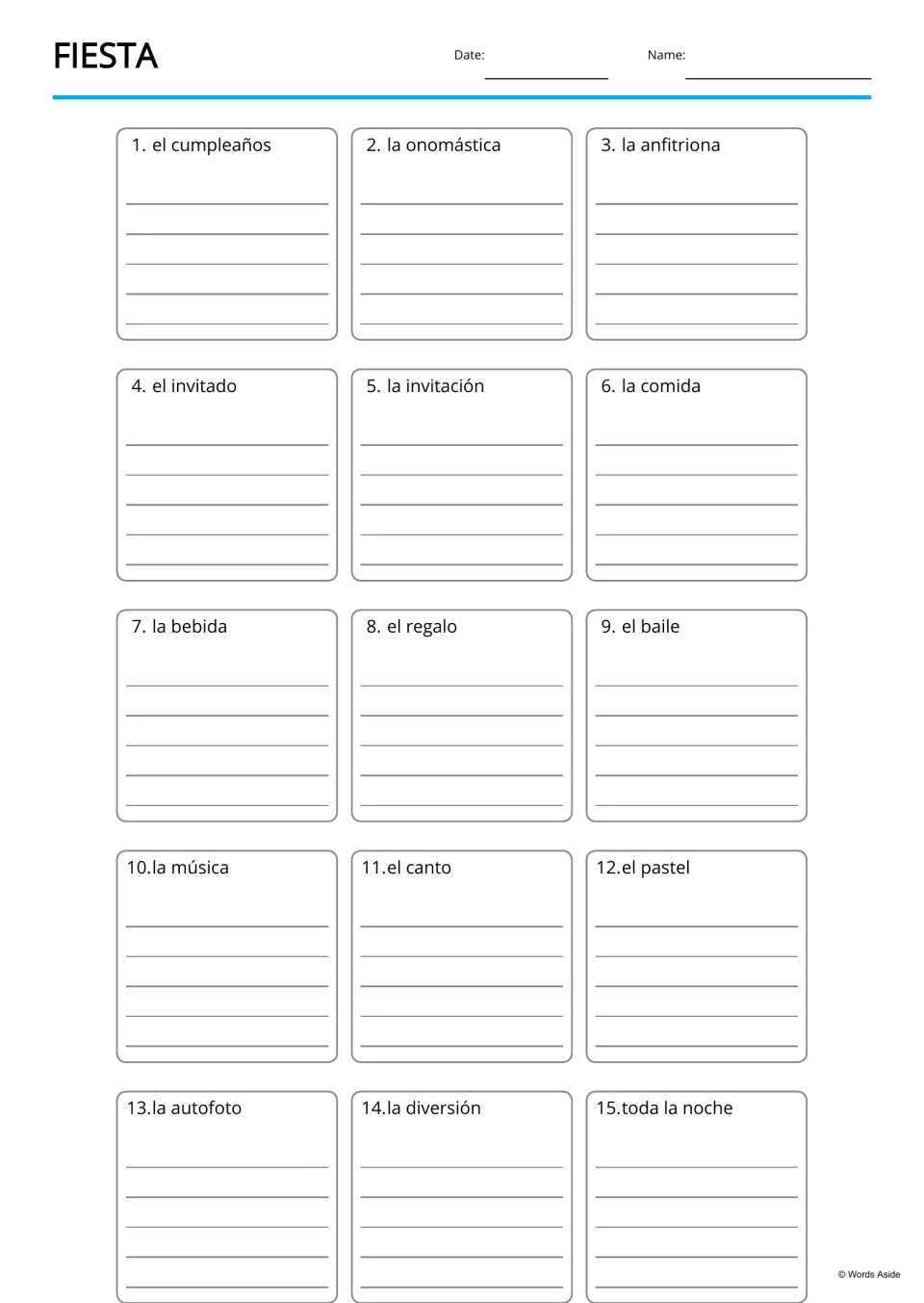 Handwriting practice for 15 Spanish party terms, including el canto (singing) and toda la noche (all night)