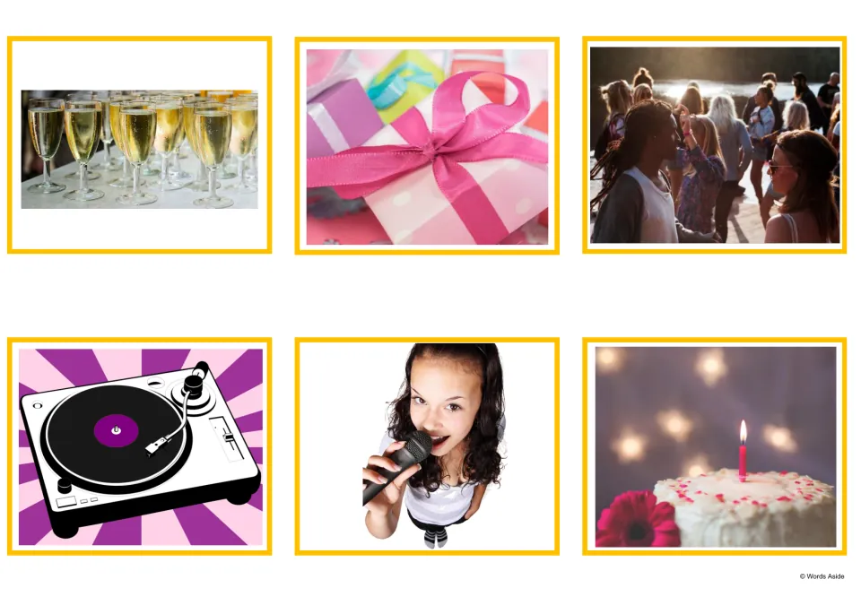 Spanish party picture cards 7–12 show drinks, a wrapped gift, dancing, a record player, singing, and cake