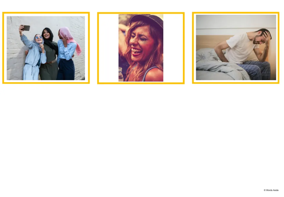 Spanish party picture cards 13–15 show friends taking a selfie, a laughing woman, and a man sitting in bed