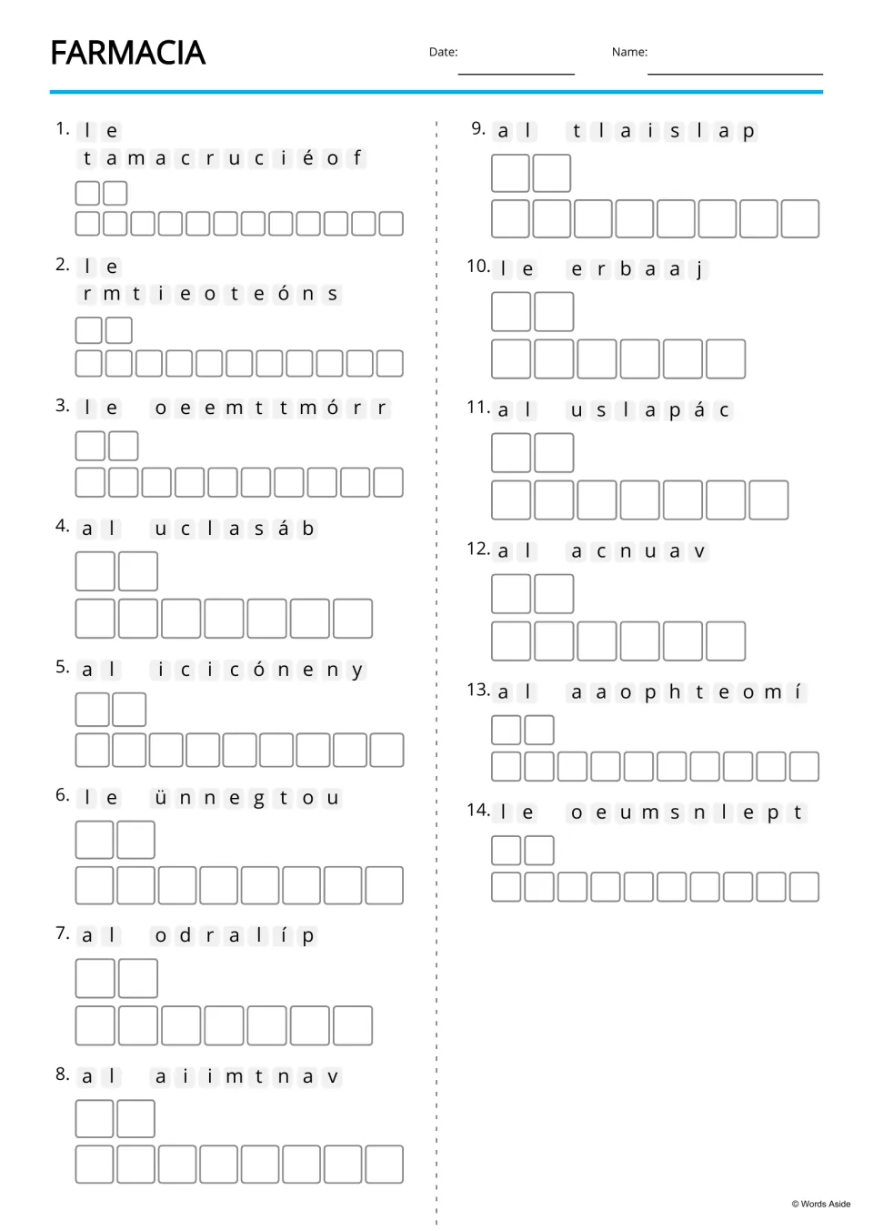 Spanish pharmacy anagram activity for 14 terms, including el farmacéutico (pharmacist) and la vacuna (vaccine)
