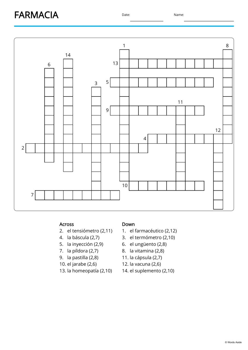 Spanish pharmacy copy-word crossword using 14 terms, including la báscula (scale) and el jarabe (syrup)