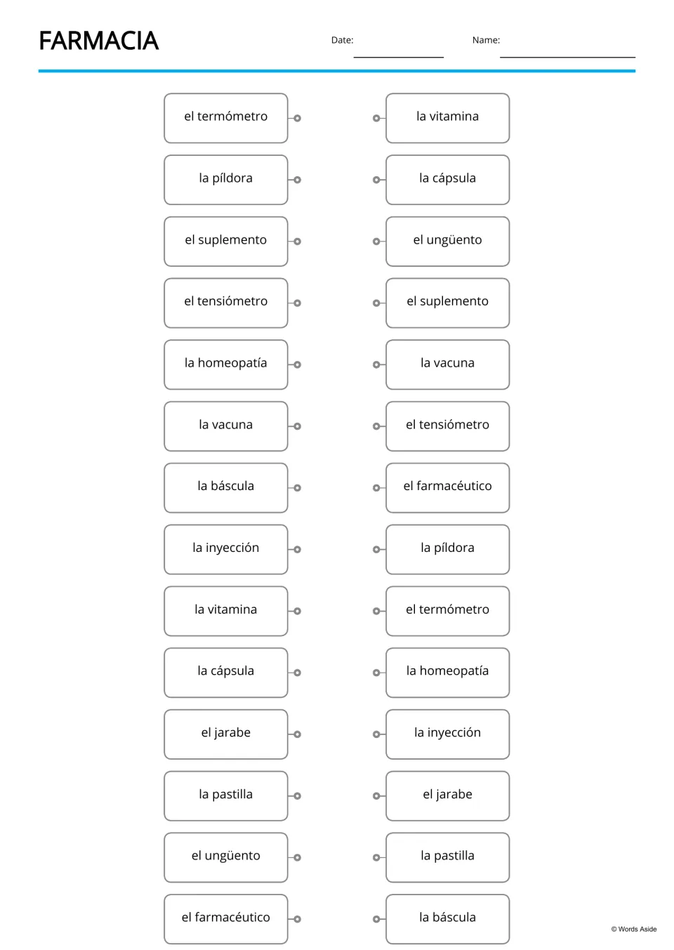 Spanish pharmacy word-matching activity repeats 14 terms, including el termómetro (thermometer), in mixed order