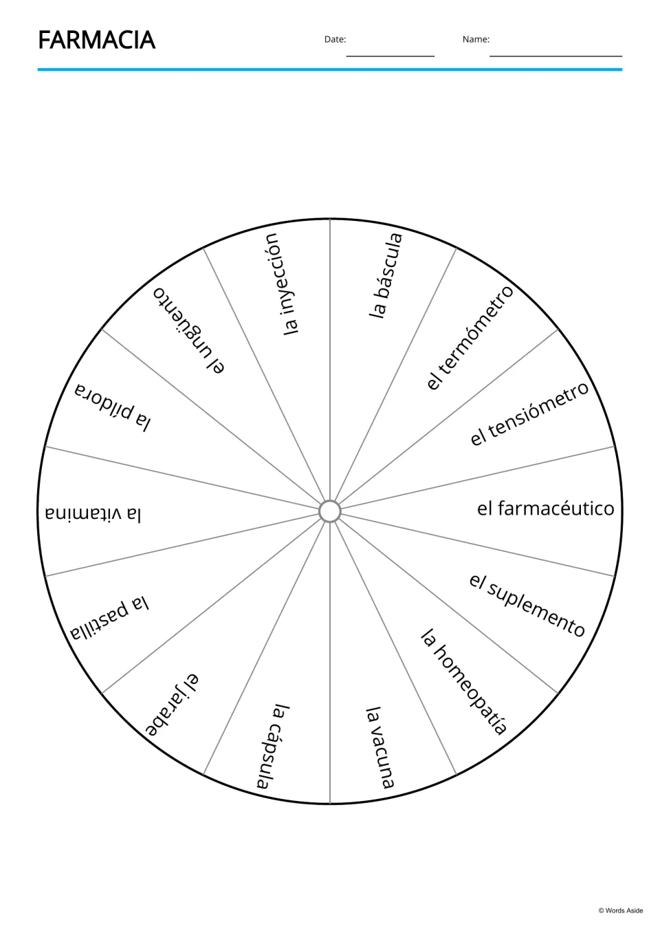 Spanish pharmacy vocabulary wheel presents 14 terms, including la inyección (injection) and la cápsula (capsule)