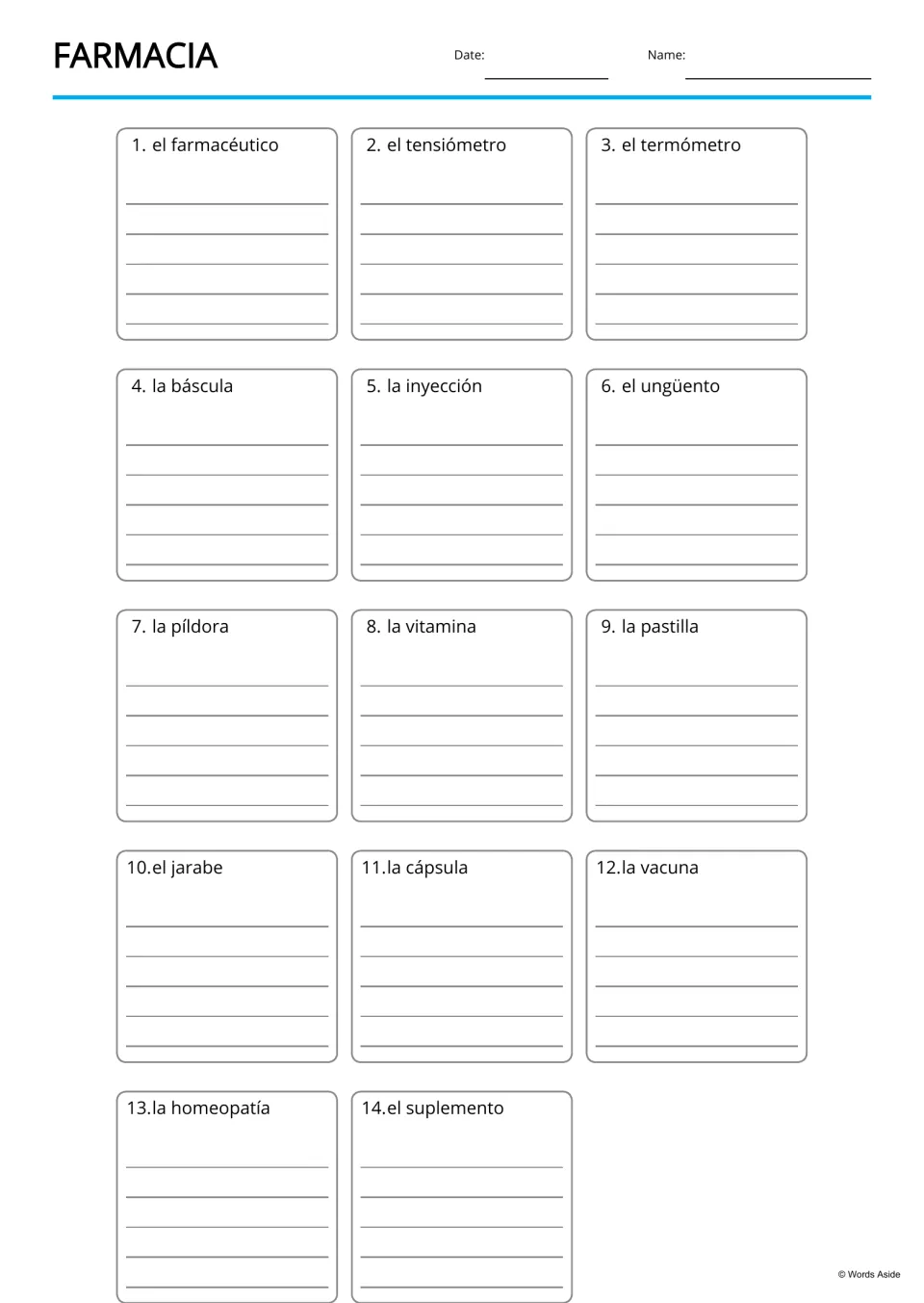Spanish pharmacy handwriting practice for 14 labeled terms, including el jarabe (syrup) and la báscula (scale)