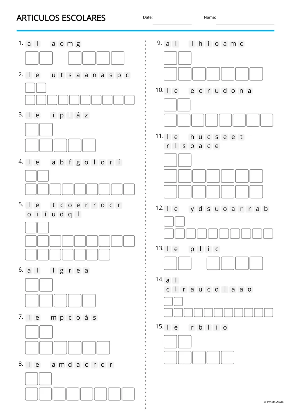 Spanish school item anagrams: 15 scrambled terms to spell, including la goma (eraser) and el libro (book)