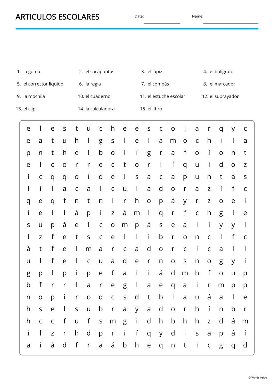 Spanish school item word search with 15 listed terms, including la mochila (backpack) and el clip (paper clip)
