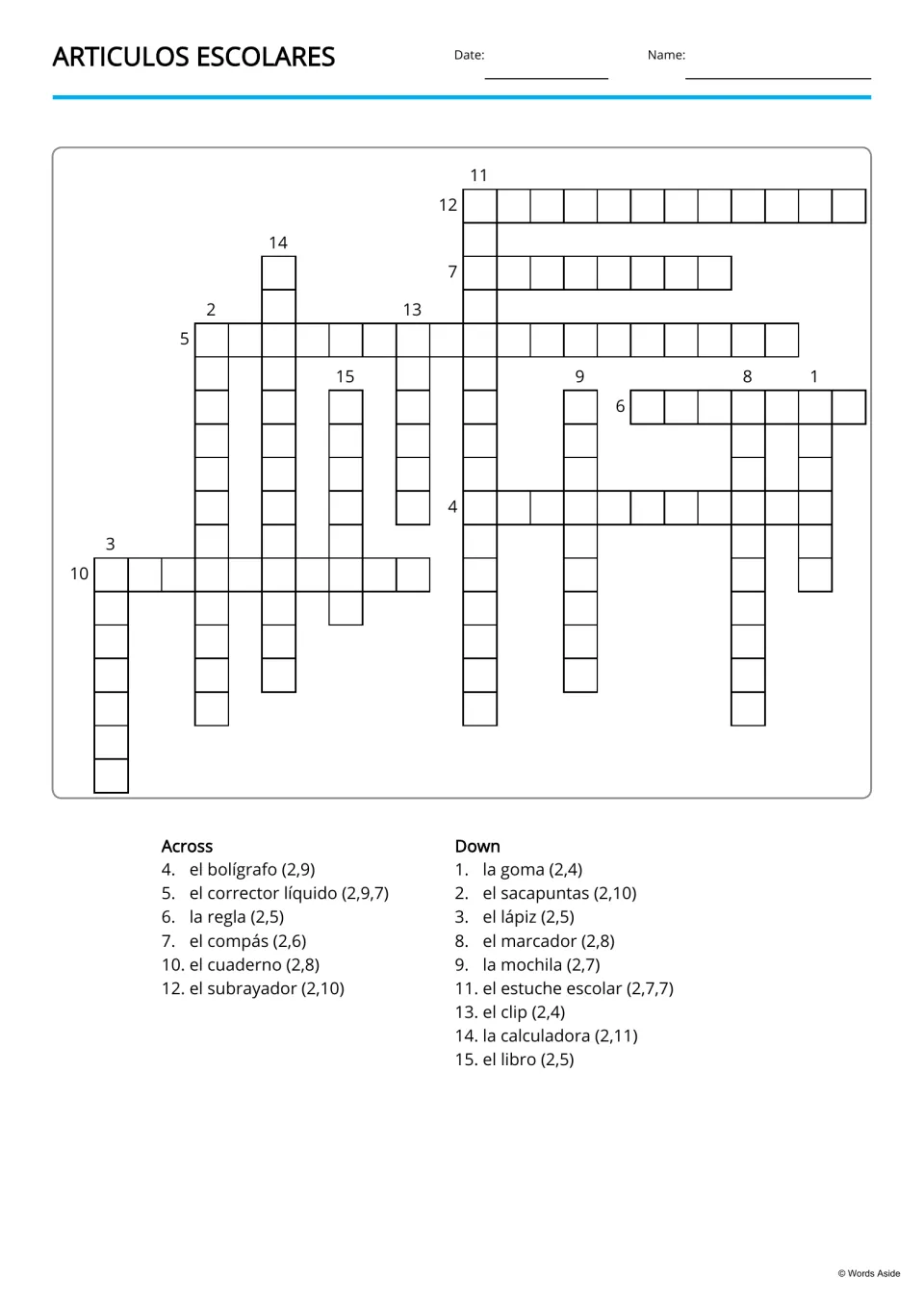 Spanish copy-word crossword for 15 school items, including el bolígrafo (pen) and la calculadora (calculator)