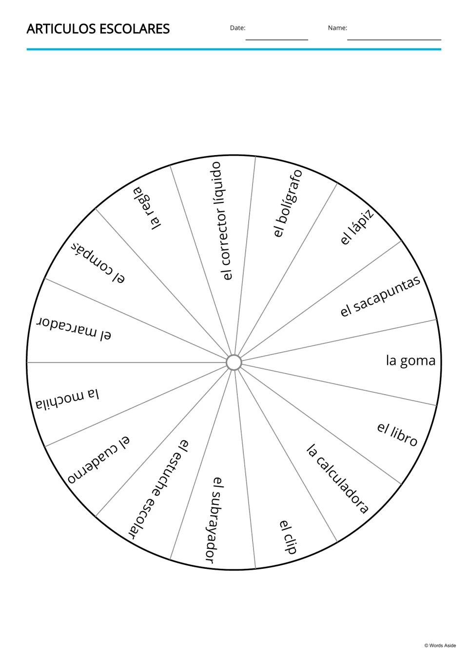 Spanish school item vocabulary wheel with 15 terms, including el compás (compass) and el cuaderno (notebook)