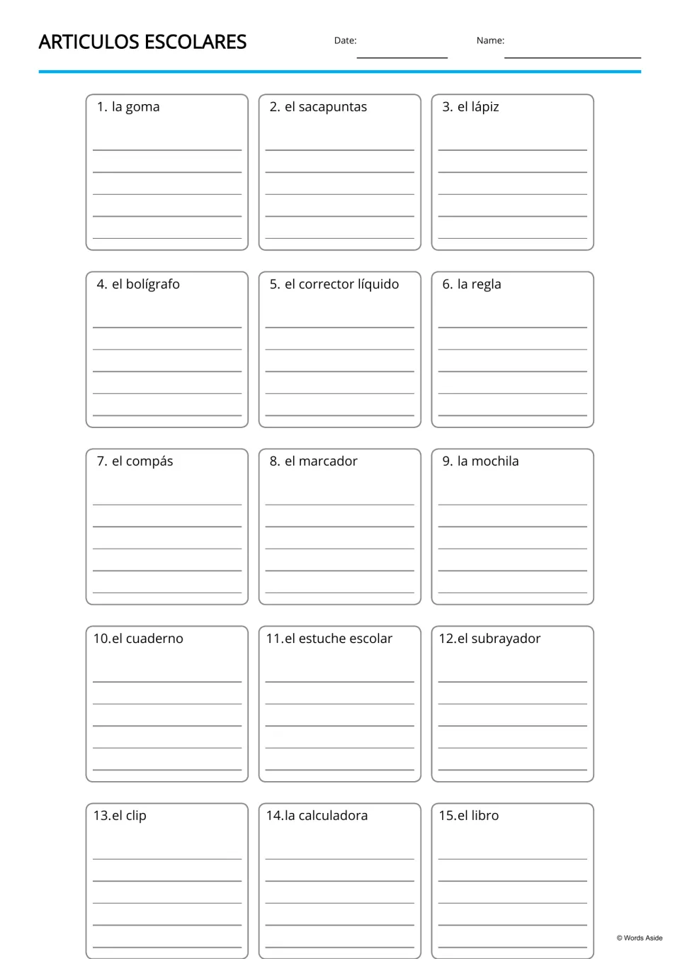 Handwriting practice for 15 Spanish school item terms, including el subrayador (highlighter) and el libro (book)