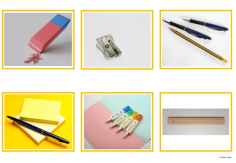 Spanish school item photo cards 1–6: eraser, pencil sharpener, pencils, pen, correction fluid, and ruler