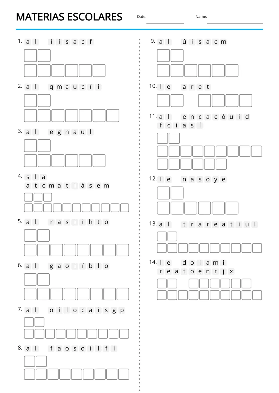 Spanish vocabulary anagrams for 14 terms, including la física (physics) and la química (chemistry)