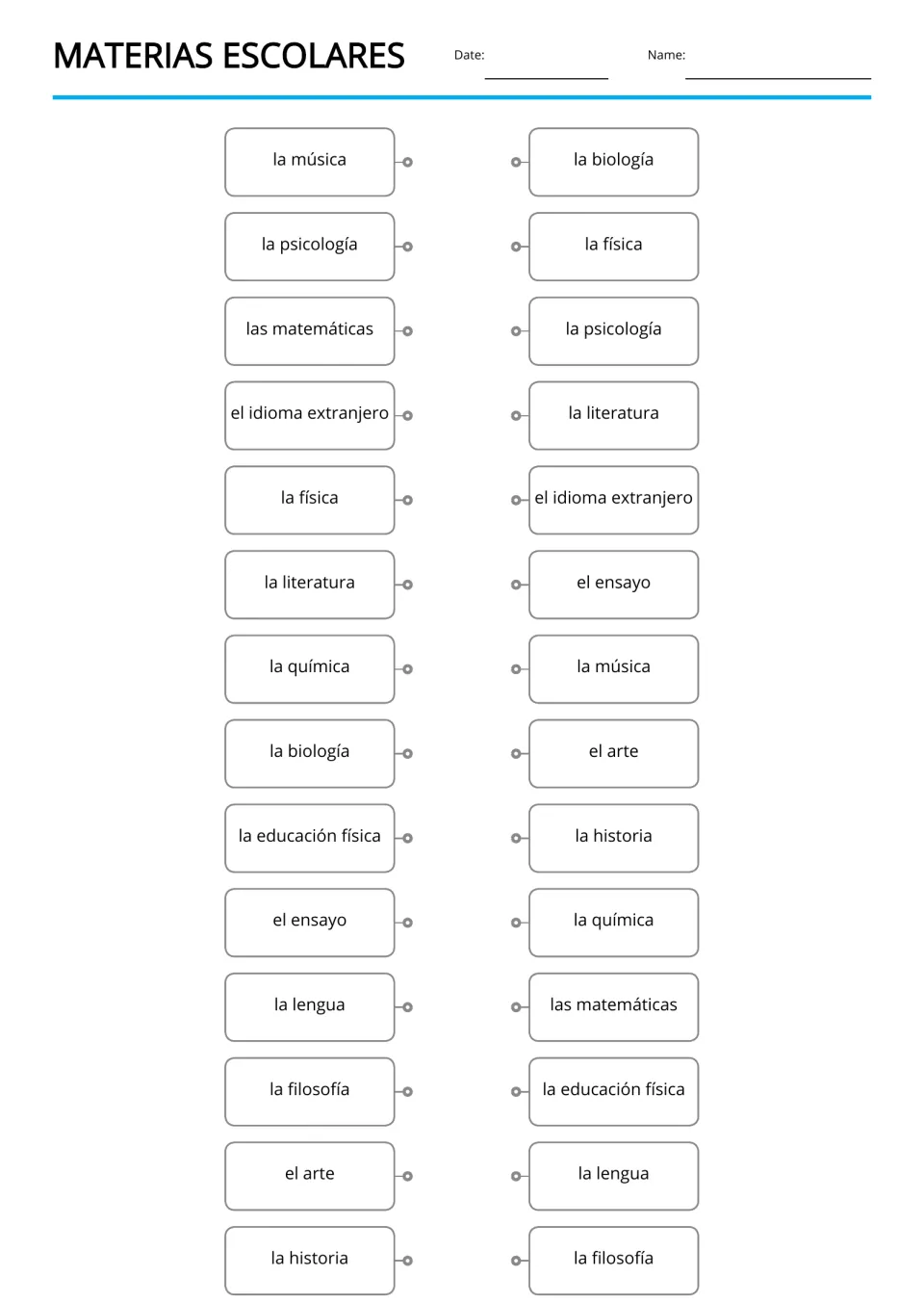 Spanish word-matching activity repeating 14 terms, including la música (music) and la biología (biology)