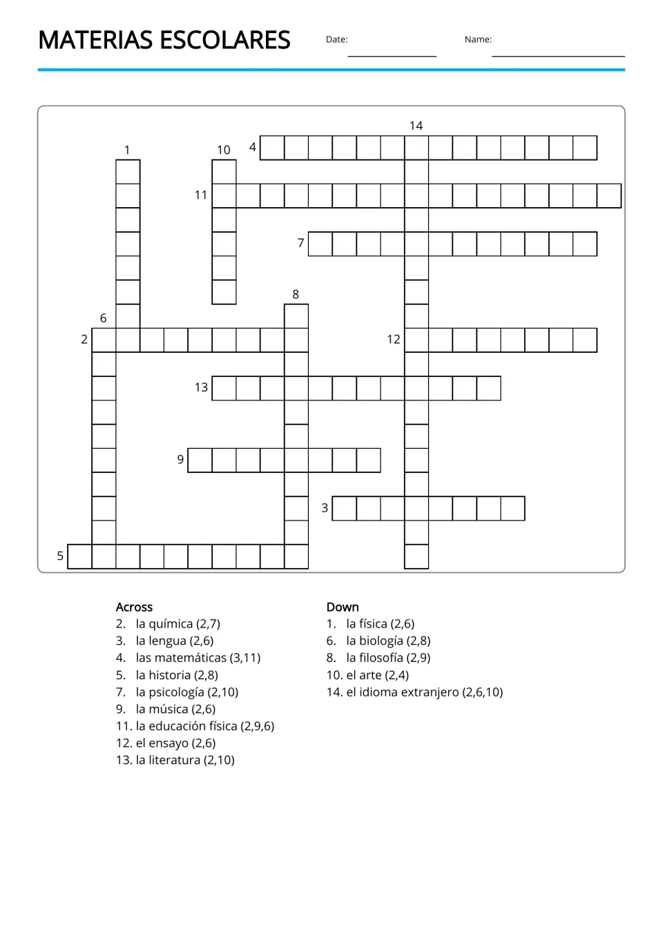 Spanish copy-word crossword for 14 terms, with clues including la lengua (language) and el arte (art)