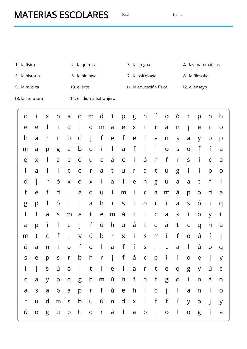 Spanish word search for 14 listed terms, including la historia (history) and la literatura (literature)