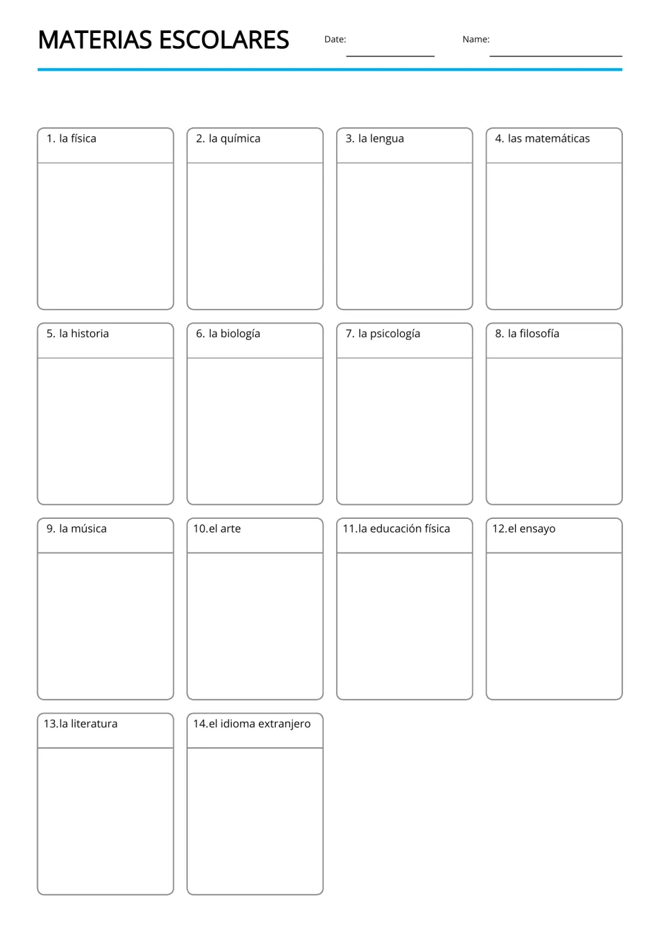 Unlined Spanish writing boards for 14 terms, including la física (physics) and la química (chemistry)