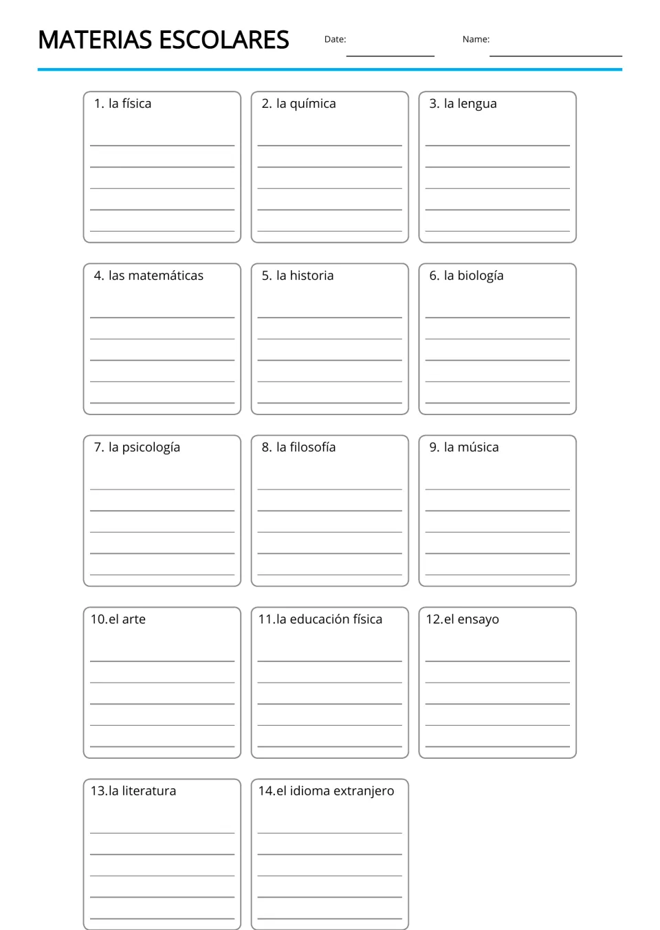 Spanish handwriting practice for 14 terms, including la biología (biology) and la filosofía (philosophy)