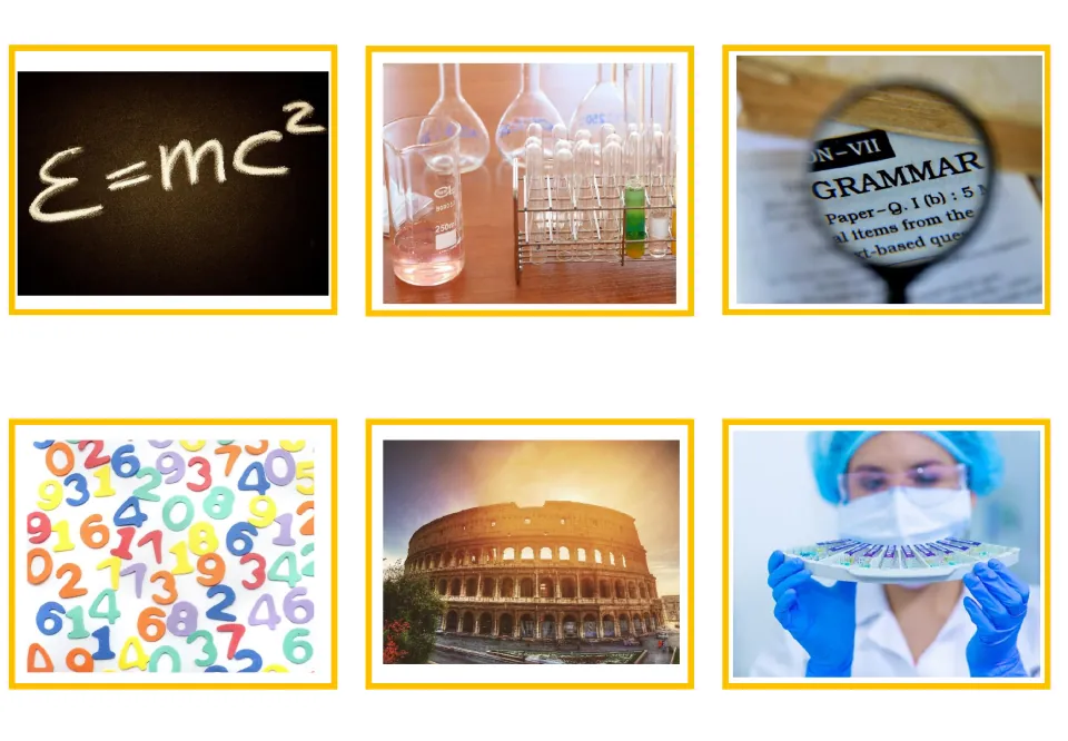 School-subject picture cards 1–6: physics equation, lab glassware, grammar, numbers, Colosseum, and lab worker