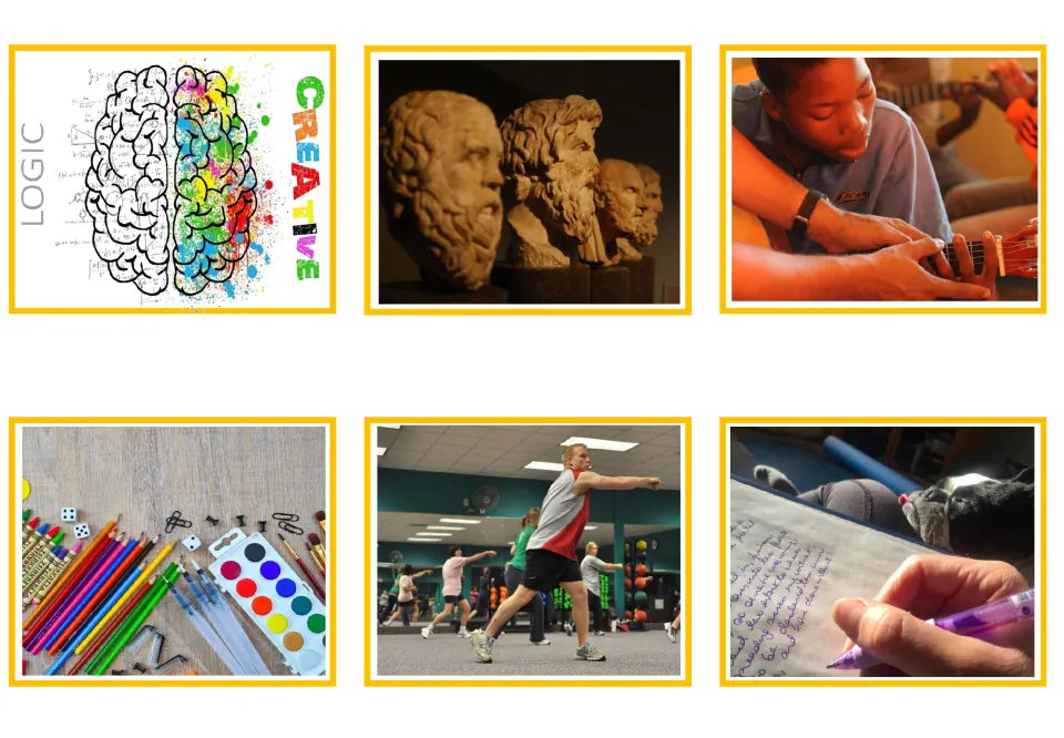 School-subject picture cards 7–12: brain, philosopher busts, guitar lesson, art supplies, exercise, and writing